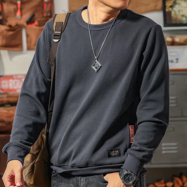 季言 重磅圆领美式复古纯色卫衣 男款