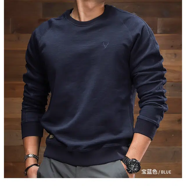 季言 舒适圆领纯色休闲卫衣 男款 宝蓝色