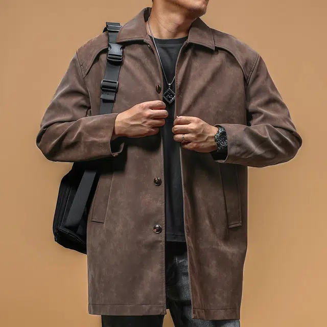 季言 春秋麂皮男中长款外套男高级感翻领商务皮夹克防风保暖皮大衣皮衣 男款