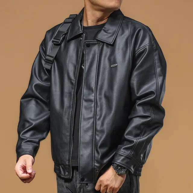 季言 翻领休闲舒适百搭纯色皮衣 男款