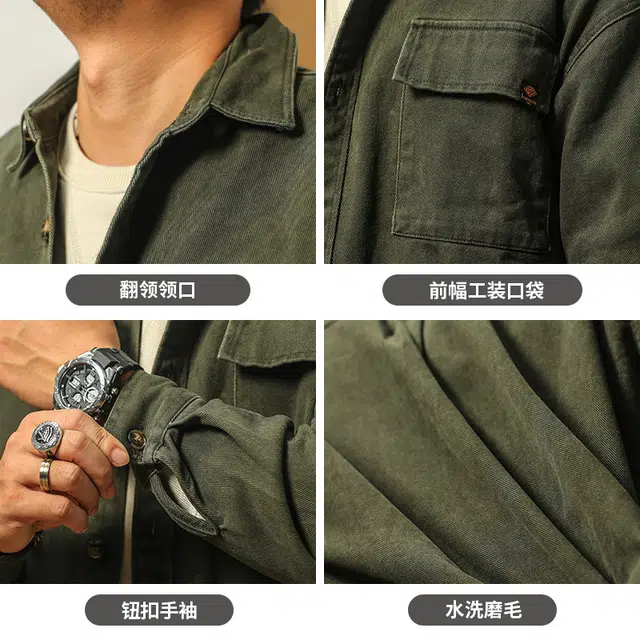季言 春秋季衬衫外套男潮牌重磅水洗纯棉翻领美式工装宽松休闲夹克 男款