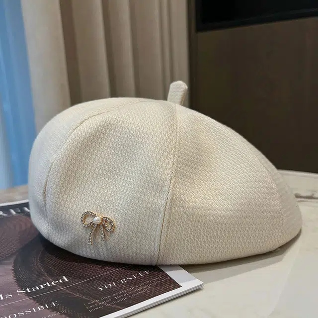 浪莎 日系百搭金属标蝴蝶结女秋季显脸小英伦复古时尚画家八角帽 聚酯纤维 贝雷帽 女款