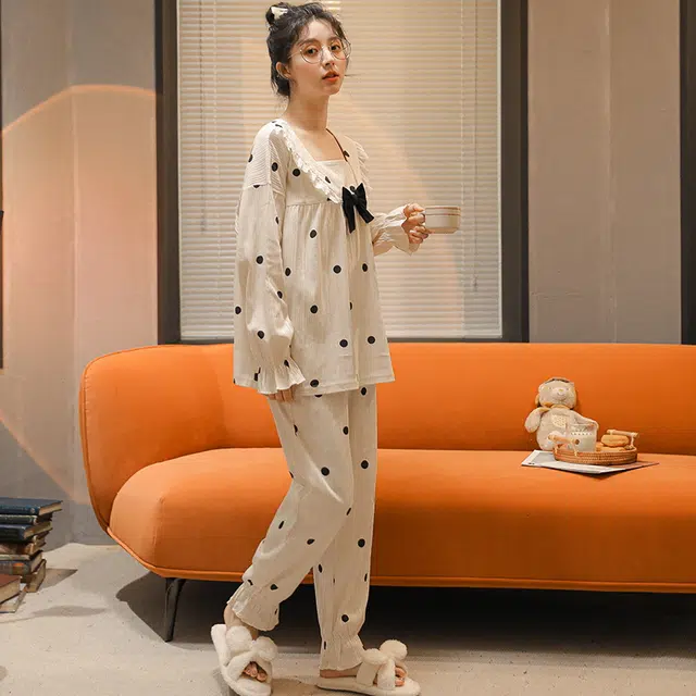 浪莎 双面提花女春秋季棉质睡衣圆点印花韩版甜美可外穿 家居套装 女款 白色