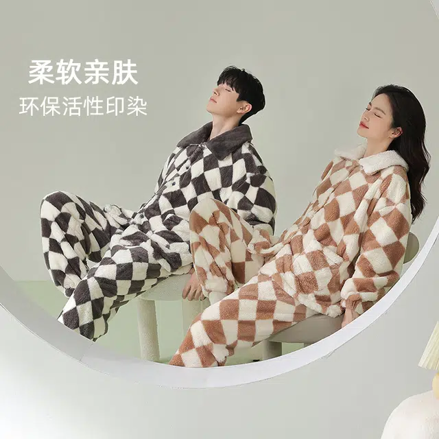 浪莎 双面贵妃绒男女款睡衣冬季加绒加厚保暖舒适韩版翻格子图案领家居服套装韩版简约宽松可外穿 家居套装 情侣款 黑灰色/棕色