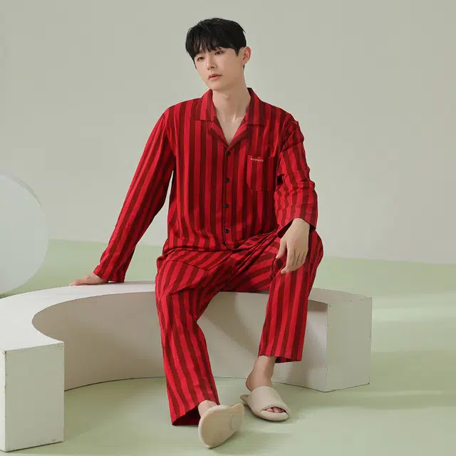 浪莎 春秋冬季男款竖条纹睡衣时尚韩版翻领开衫超柔软抗菌长袖长裤 家居套装 男款 红色