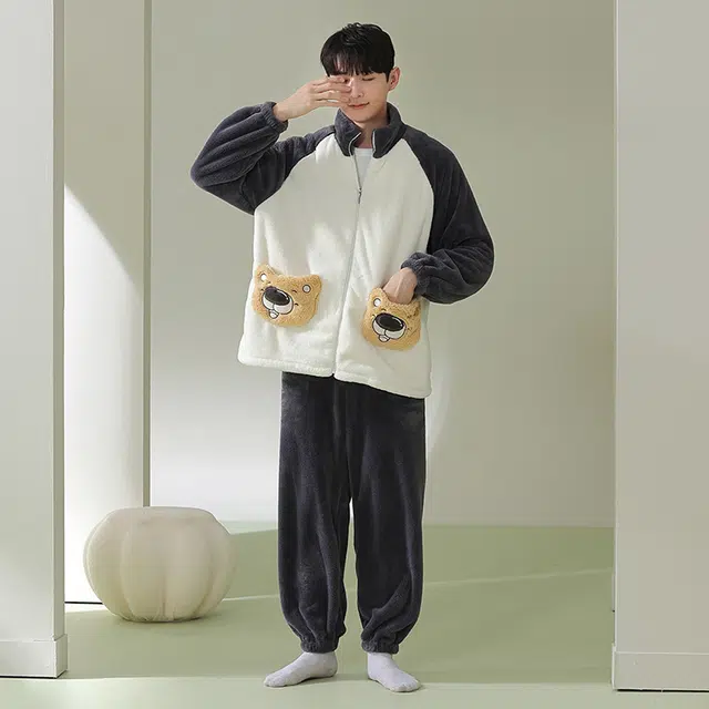 浪莎 双面贵妃绒冬季男珊瑚绒卡通睡衣长袖立领休闲家居服套装简约舒适柔软束脚裤保暖加绒加厚 家居套装 男款 深灰色
