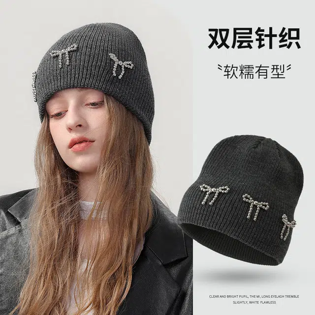 浪莎 日系蝴蝶结针织冷帽秋冬百搭时尚纯色防寒保暖双层护耳 腈纶 绒线帽 女款