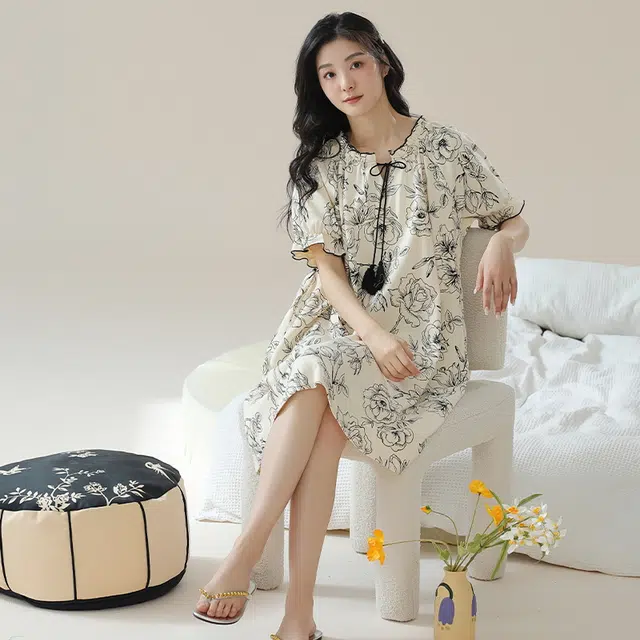 浪莎 宽松印花抗菌除螨舒适亲肤休闲短袖睡裙 女款 花色