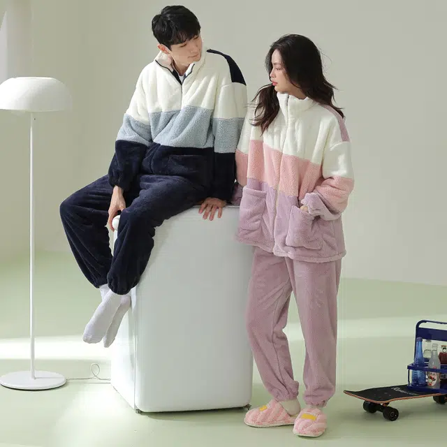 浪莎 双面贵妃绒男女款纯色睡衣冬季加绒加厚保暖舒适立领拉链  休闲宽松可外穿拼接色 家居套装 情侣款 黑色/紫色