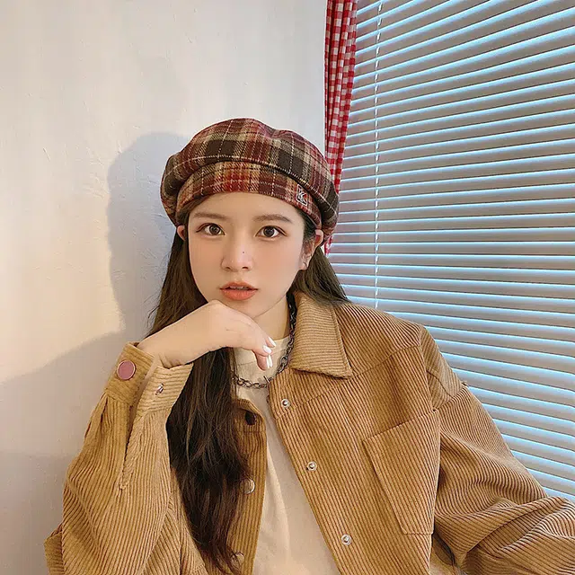 浪莎 格纹英伦复古时尚百搭大头围显脸小报童 毛呢 贝雷帽 男女同款情侣款