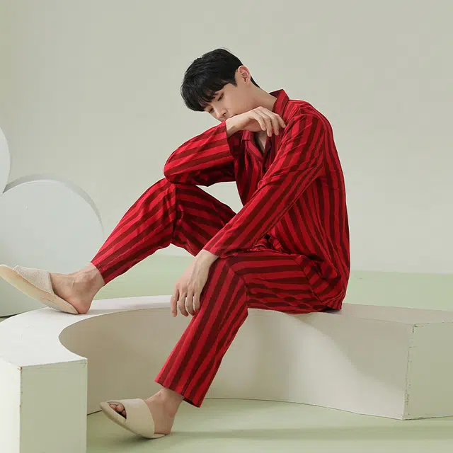 浪莎 春秋冬季男款竖条纹睡衣时尚韩版翻领开衫超柔软抗菌长袖长裤 家居套装 男款 红色