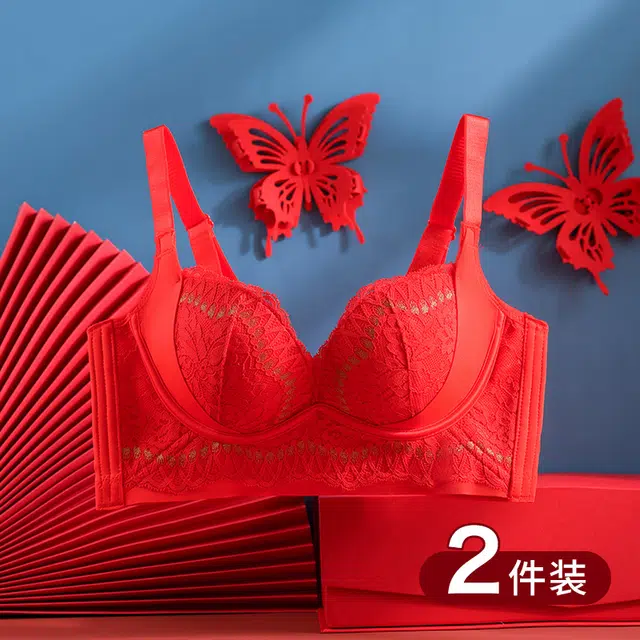 浪莎 女士内衣蕾丝装饰聚拢无钢圈无钢圈舒适透气文胸纯色不卡档三角内裤内衣裤套装 女款 红色
