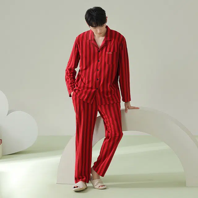 浪莎 春秋冬季男款竖条纹睡衣时尚韩版翻领开衫超柔软抗菌长袖长裤 家居套装 男款 红色