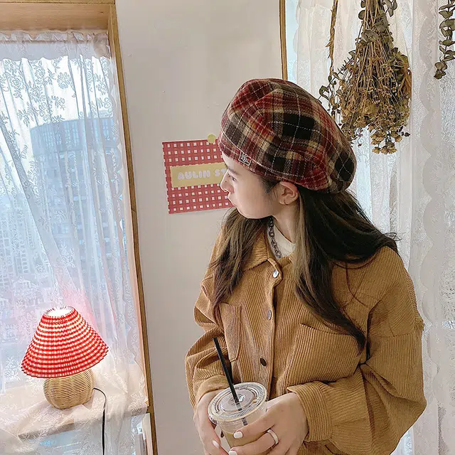 浪莎 格纹英伦复古时尚百搭大头围显脸小报童 毛呢 贝雷帽 男女同款情侣款