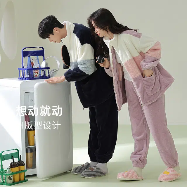 浪莎 双面贵妃绒男女款纯色睡衣冬季加绒加厚保暖舒适立领拉链  休闲宽松可外穿拼接色 家居套装 情侣款 黑色/紫色