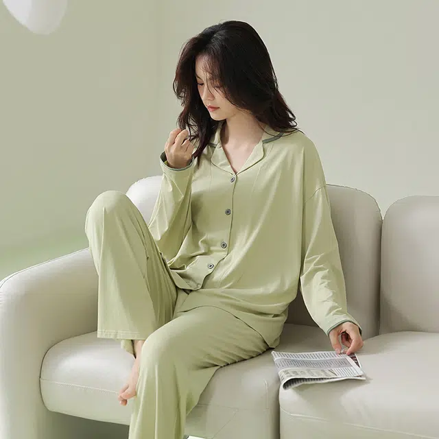 浪莎 秋冬季女睡衣超柔软明筋松紧腰头长袖休闲长袖开衫抗菌防螨套装 家居套装 女款 浅绿色