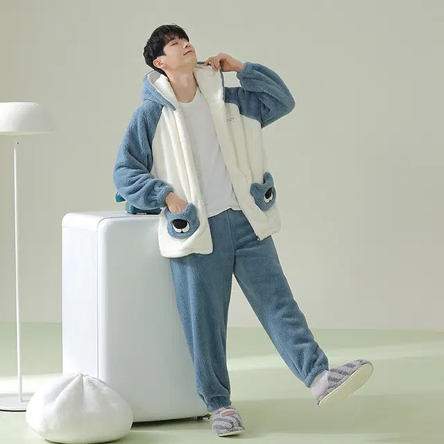 浪莎 双面贵妃绒冬季男珊瑚绒卡通睡衣长袖连帽拉链休闲 简约舒适柔软保暖加绒加厚 家居套装 男款 蓝色