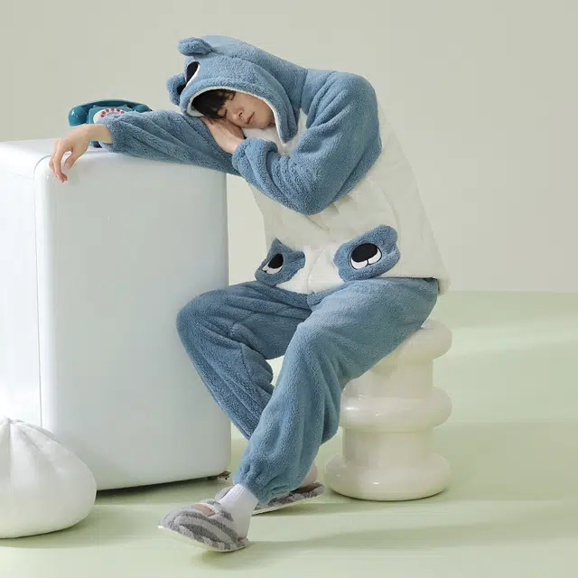 浪莎 双面贵妃绒冬季男珊瑚绒卡通睡衣长袖连帽拉链休闲 简约舒适柔软保暖加绒加厚 家居套装 男款 蓝色