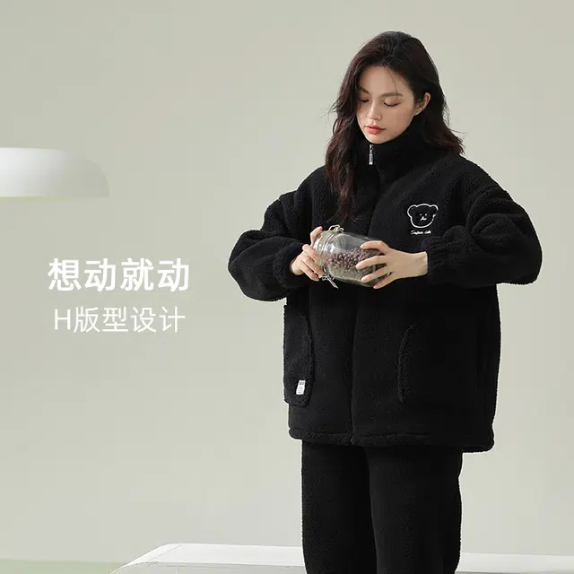 浪莎 双面贵妃绒纯色加绒加厚保暖舒适韩版翻领  宽松 可外穿睡衣套装 男女同款 黑色