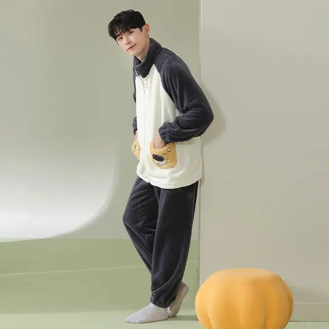 浪莎 双面贵妃绒冬季男珊瑚绒卡通睡衣长袖立领休闲家居服套装简约舒适柔软束脚裤保暖加绒加厚 家居套装 男款 深灰色