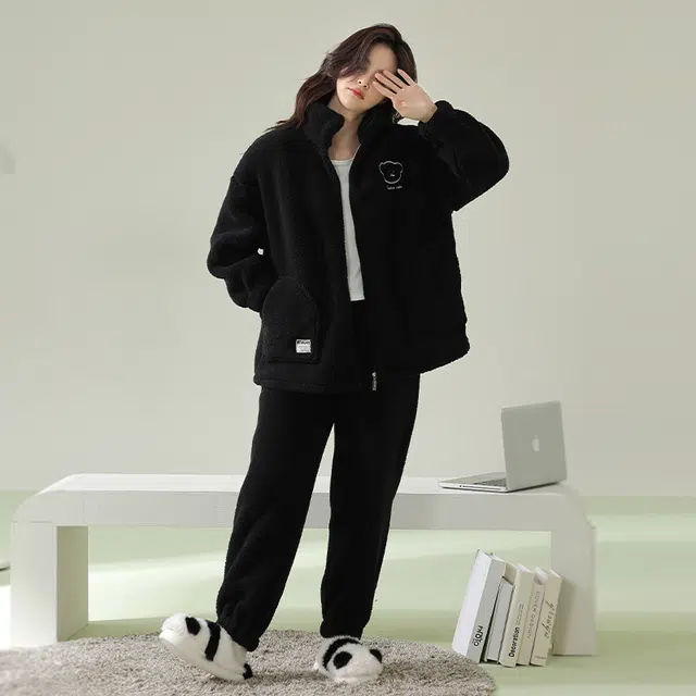 浪莎 双面贵妃绒纯色加绒加厚保暖舒适韩版翻领  宽松 可外穿睡衣套装 男女同款 黑色