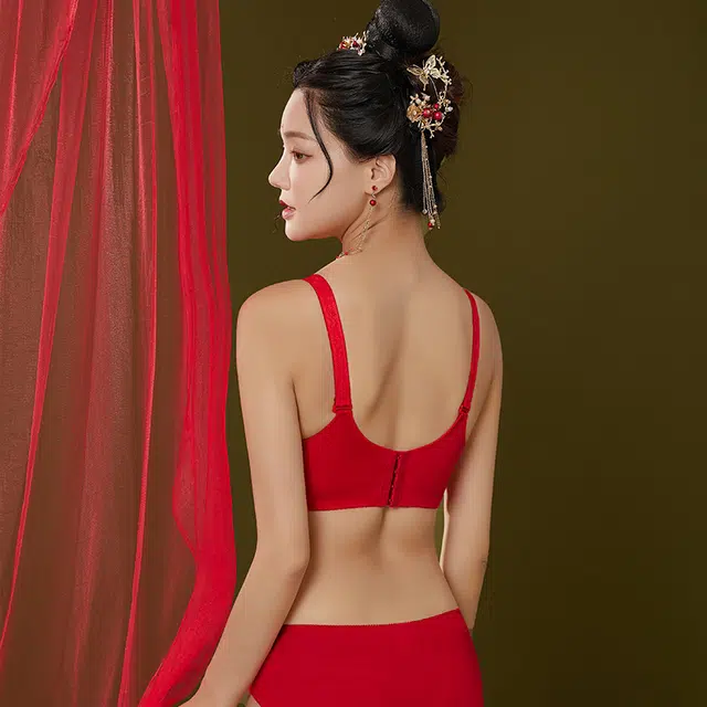 浪莎 本命年大红色花卉小胸聚拢无钢圈文胸三角内裤内衣裤套装 女款 金皇妃
