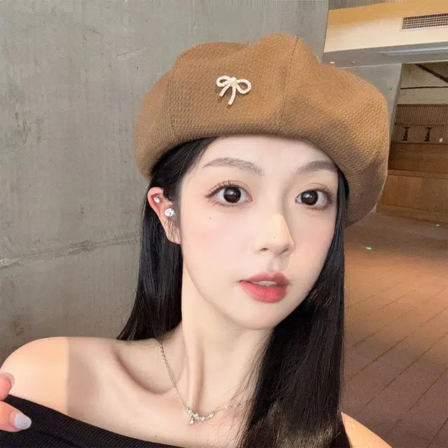 浪莎 日系百搭金属标蝴蝶结女秋季显脸小英伦复古时尚画家八角帽 聚酯纤维 贝雷帽 女款