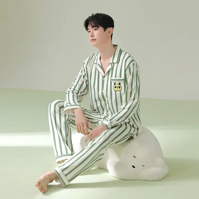 浪莎 秋冬季竖绿色条纹 睡衣时尚韩版超柔软抗菌长袖长裤 家居套装 男款  绿色