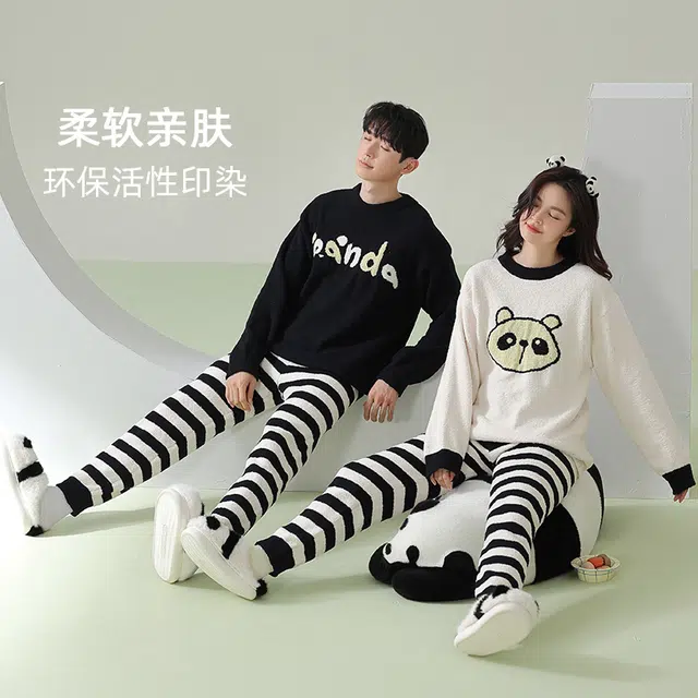 浪莎 软绵绵半边绒冬季男女睡衣圆领黑白条纹卡通印花加绒加厚家居套装 情侣款 黑色白色