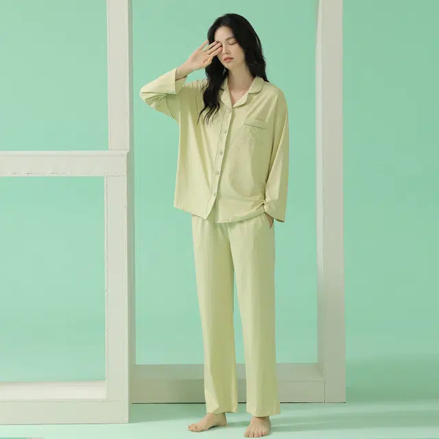 浪莎 春秋款莫代尔女长袖绵绸翻领开衫睡衣休闲简约 家居套装 可外穿 女款 嫩芽黄