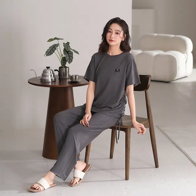 浪莎 纯色蝴蝶结斜肩舒适柔软时尚优雅简约基础可外穿家居服吸湿排汗耐用耐穿亲肤透气短袖长裤睡衣套装 女款