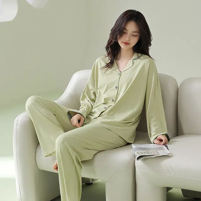 浪莎 秋冬季女睡衣超柔软明筋松紧腰头长袖休闲长袖开衫抗菌防螨套装 家居套装 女款 浅绿色