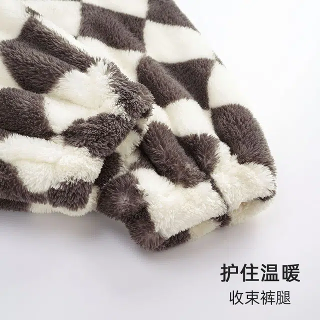 浪莎 双面贵妃绒男女款睡衣冬季加绒加厚保暖舒适韩版翻格子图案领家居服套装韩版简约宽松可外穿 家居套装 情侣款 黑灰色/棕色