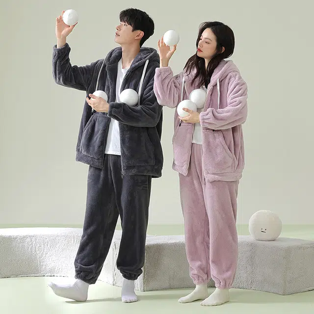 浪莎 双面贵妃绒男女款纯色睡衣冬季加绒加厚法兰绒连帽抽绳拉链 休闲舒适可外穿 家居 套装 情侣款 岩灰色浅紫色