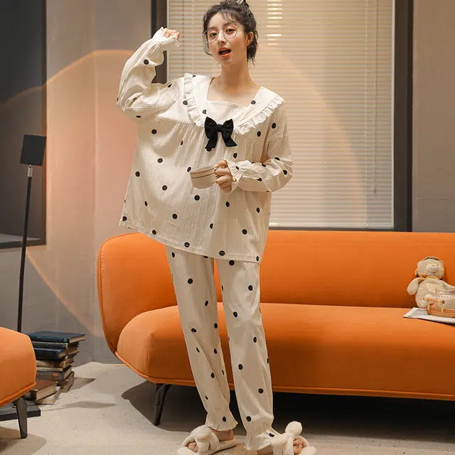浪莎 双面提花女春秋季棉质睡衣圆点印花韩版甜美可外穿 家居套装 女款 白色