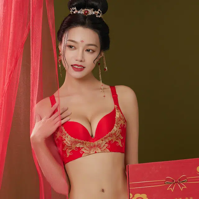 浪莎 本命年大红色花卉小胸聚拢无钢圈文胸三角内裤内衣裤套装 女款 金皇妃