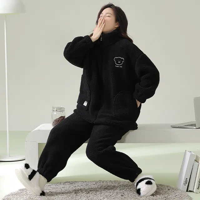浪莎 双面贵妃绒纯色加绒加厚保暖舒适韩版翻领  宽松 可外穿睡衣套装 男女同款 黑色