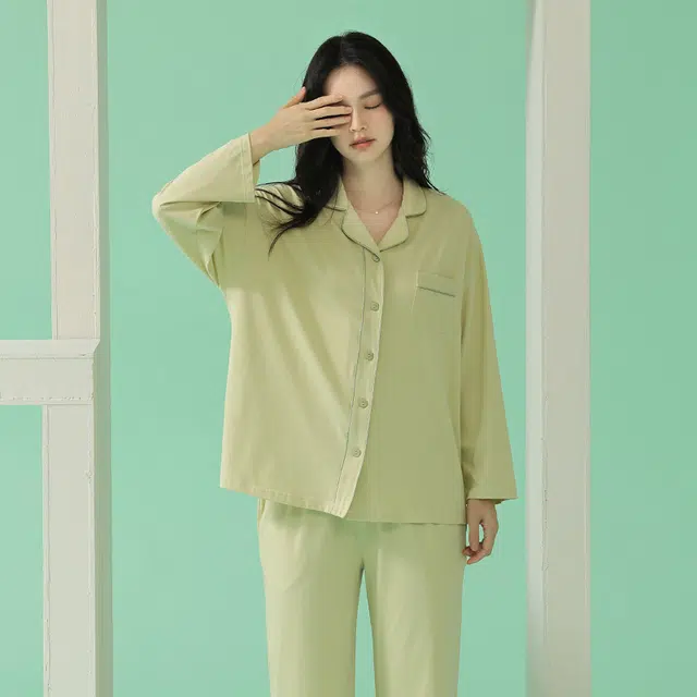 浪莎 春秋款莫代尔女长袖绵绸翻领开衫睡衣休闲简约 家居套装 可外穿 女款 嫩芽黄