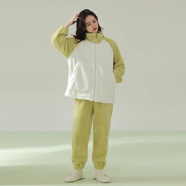 浪莎 双面贵妃绒女纯色睡衣冬季加绒加厚 保暖舒适立领 休闲宽松可外穿拼接色 家居套装 女款 绿色