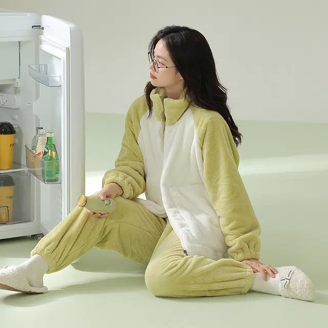 浪莎 双面贵妃绒女纯色睡衣冬季加绒加厚 保暖舒适立领 休闲宽松可外穿拼接色 家居套装 女款 绿色