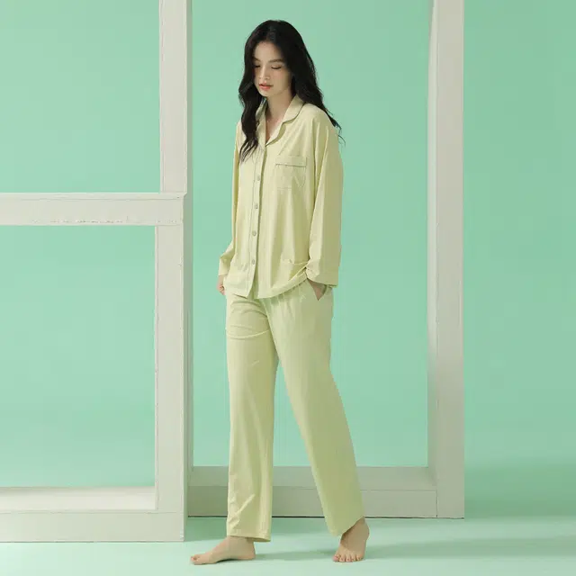 浪莎 春秋款莫代尔女长袖绵绸翻领开衫睡衣休闲简约 家居套装 可外穿 女款 嫩芽黄