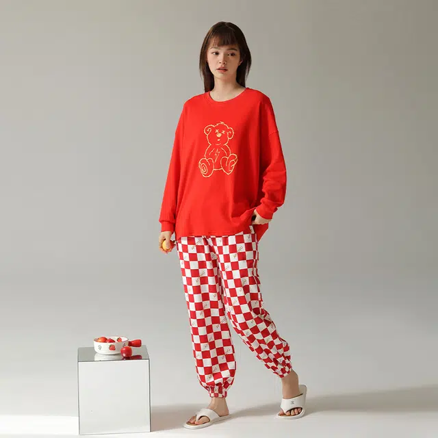 浪莎 春秋款女士纯棉睡衣女士长袖圆领卡通印花家居服套头格纹全棉简约舒适 家居套装 女款 红色