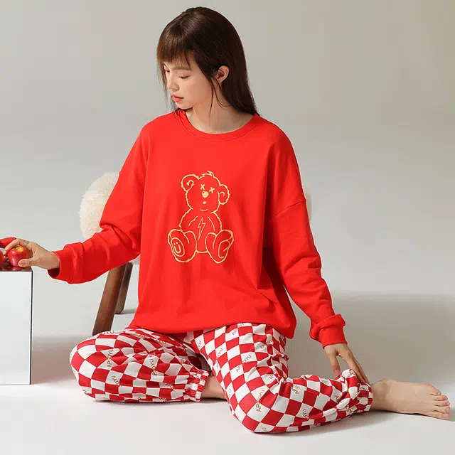 浪莎 春秋款女士纯棉睡衣女士长袖圆领卡通印花家居服套头格纹全棉简约舒适 家居套装 女款 红色