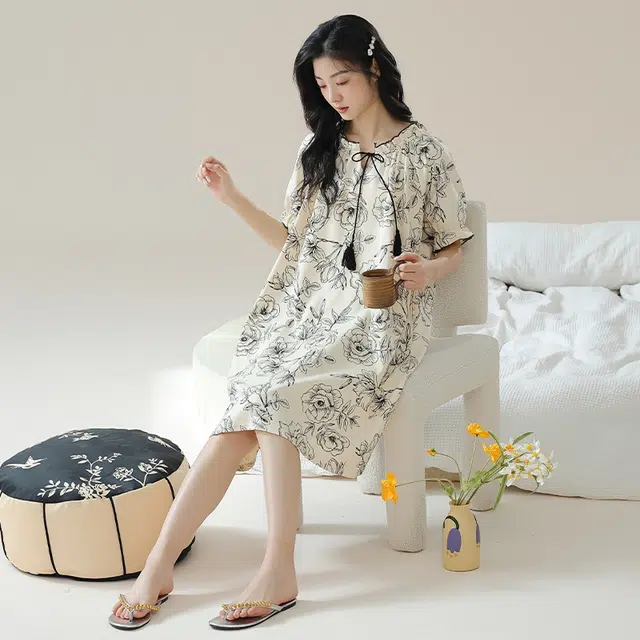 浪莎 宽松印花抗菌除螨舒适亲肤休闲短袖睡裙 女款 花色