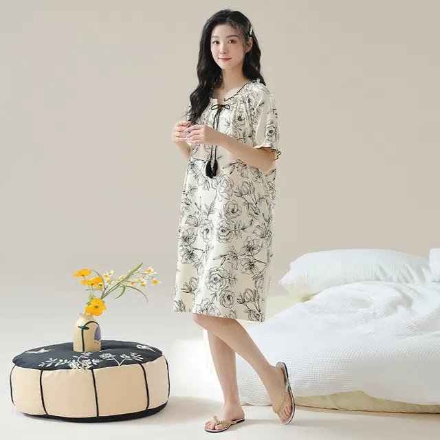 浪莎 宽松印花抗菌除螨舒适亲肤休闲短袖睡裙 女款 花色