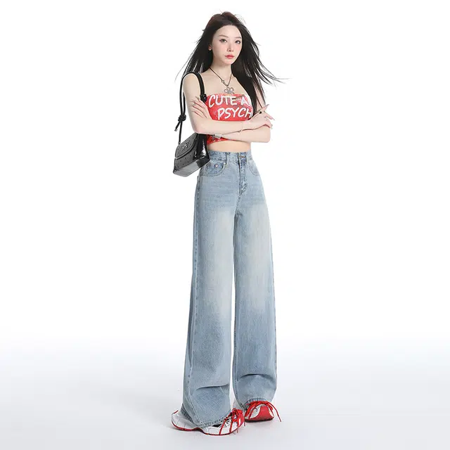 玫丝朵 美式复古直筒高腰宽松牛仔裤 女款