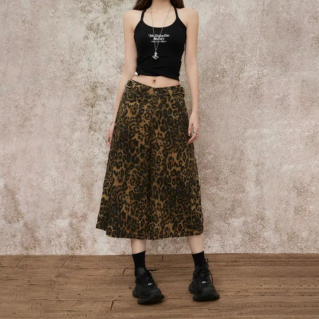 玫丝朵 美式复古高腰宽松个性豹纹辣妹小众可调节腰垂感直筒七分牛仔短裤 女款