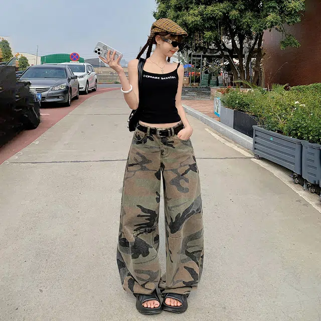 玫丝朵 美式复古高腰迷彩设计时尚百搭宽松直筒阔腿牛仔裤 女款
