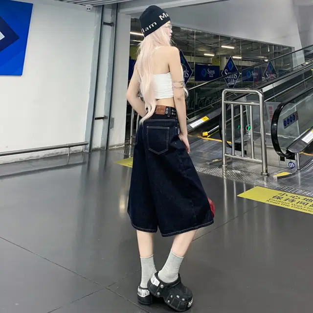 玫丝朵 美式复古高腰宽松阔腿百搭直筒牛仔短裤 女款