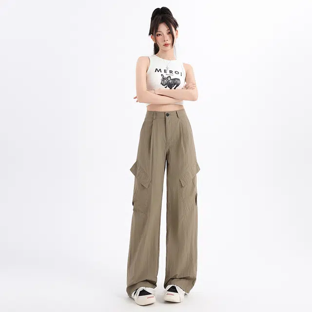 玫丝朵 美式复古街头夏季多巴胺高腰垂感宽松阔腿休闲裤 女款